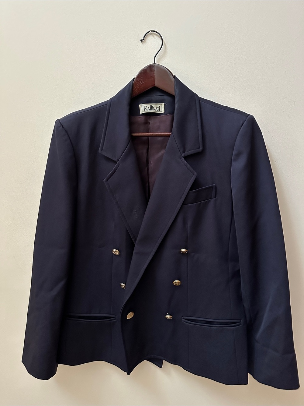 Women's vintage 100% wool Double-Breasted Navy Blazer with Gold Buttons